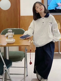 木莎music童装2025冬女童中大童韩版刺绣翻领加绒卫衣衫上衣91719