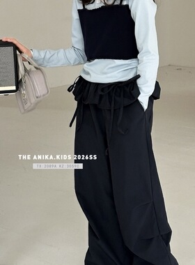 阿尼卡ANIKA春2026女童洋气时尚直筒裤花边工装裤休闲裤子3059
