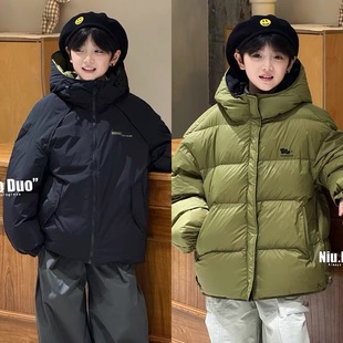 牛哆哆童装2025冬新款两面穿羽绒服男女童连帽90白鸭绒外套45015