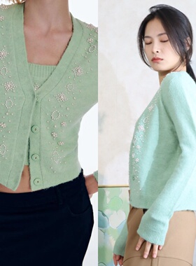 【特】西班牙 薄荷花香 浅绿色羊毛针织清新珍珠钉珠毛衣开衫外套