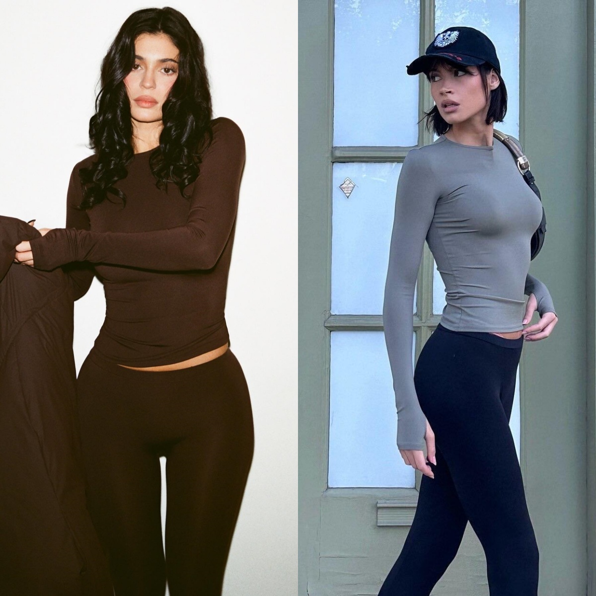 美系kylie超模同款 修身打底圆领弹力露指长袖上衣踩脚瑜伽裤套装