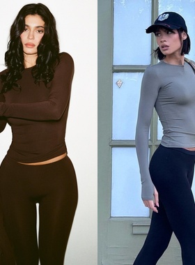 美系kylie超模同款 修身打底圆领弹力露指长袖上衣踩脚瑜伽裤套装