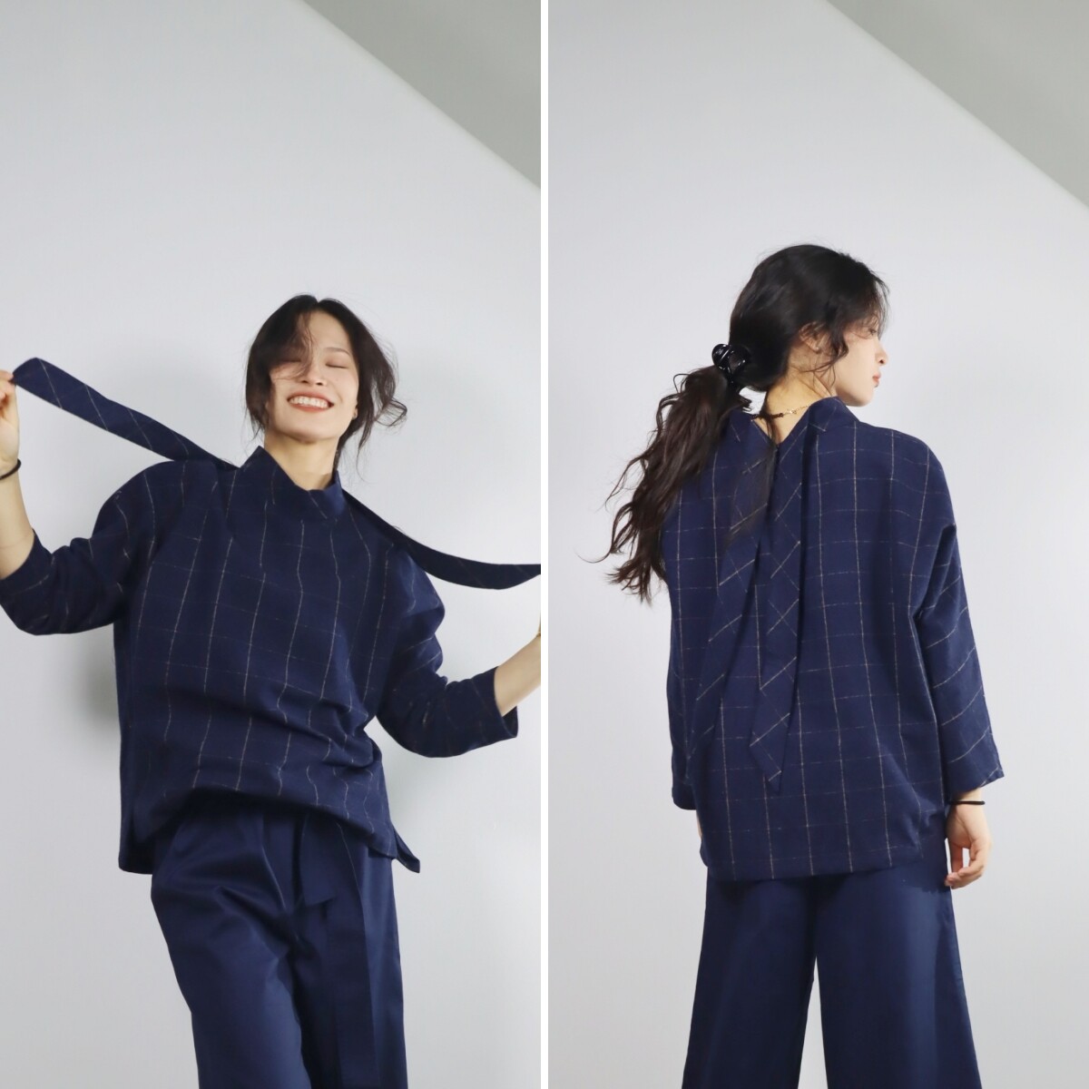 宽松优雅套头长袖全棉格子衬衫