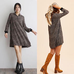 法国ID 随腰果摇摆 法式宽松休闲植物印花百褶衬衫领长袖连衣裙