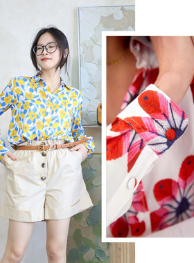 法国sp尖领包扣长袖大花印花西装领V领设计精致包扣宽松甜美衬衫