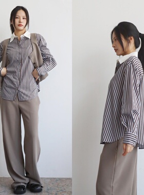 北欧小众 慕斯夹心 慵懒条纹撞色翻领金属扣宽松休闲长袖衬衫上衣