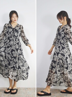 澳洲LB 水墨江南 印花木耳花边纽扣高腰荷叶边下摆长款中袖连衣裙