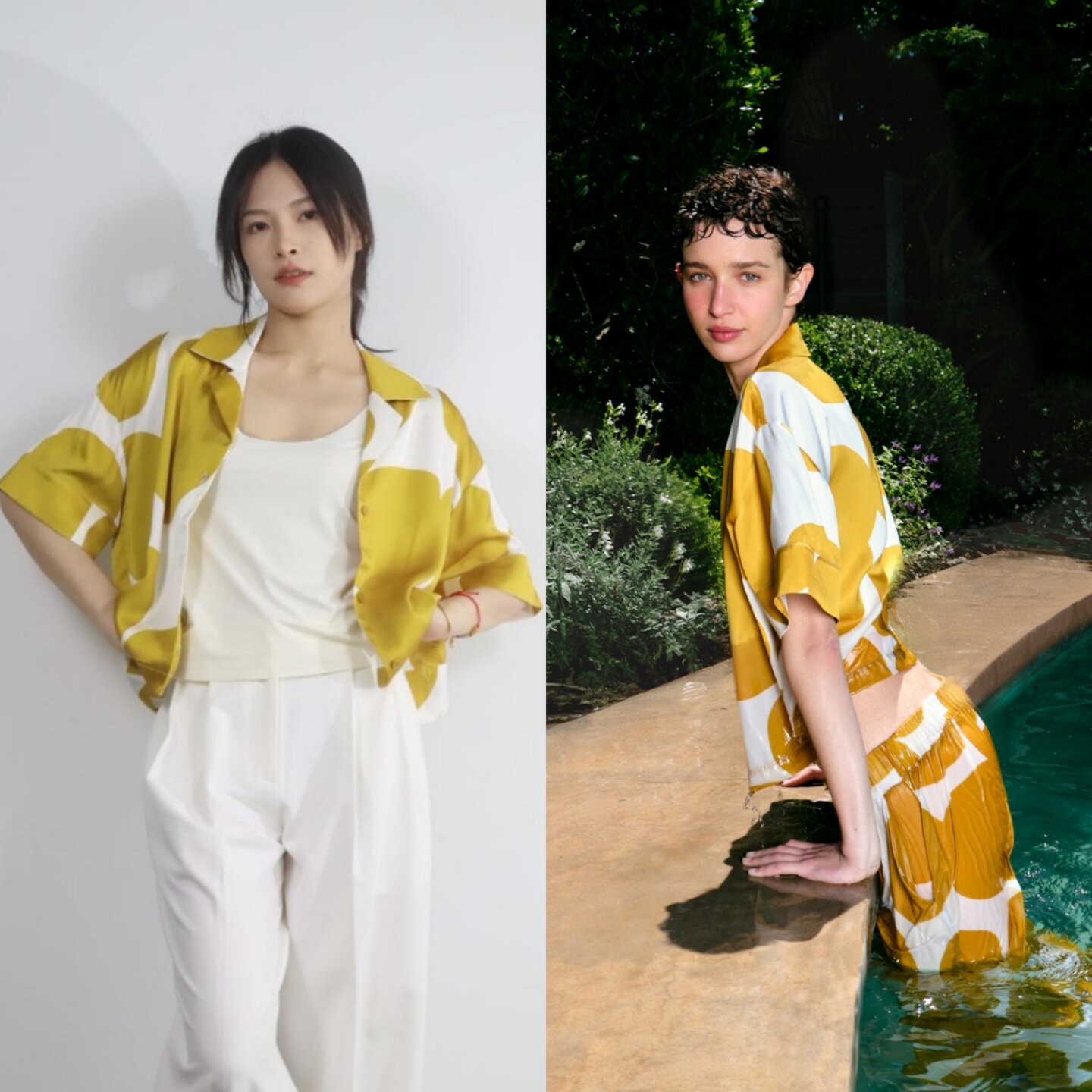 【特】阿根廷EN 奶檬一夏 色彩缎面抽象印花廓形垮肩宽松短袖衬衫