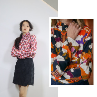 法国sp 特色小众印花 竖领拉链宽松显瘦软糯人棉长袖女士衬衫上衣