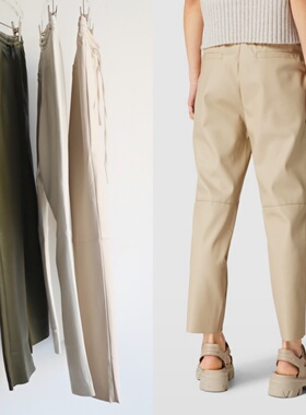 【特】德国高端HZ 绵密如雪 蛋白皮质抽绳显瘦加绒锥形小脚皮裤