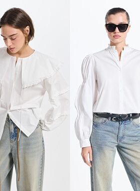 北欧小众LR 法式宫廷风设计感泡泡袖气质白色衬衫全棉花边上衣