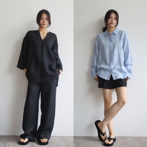 夏日凉风V领显瘦全亚麻套装