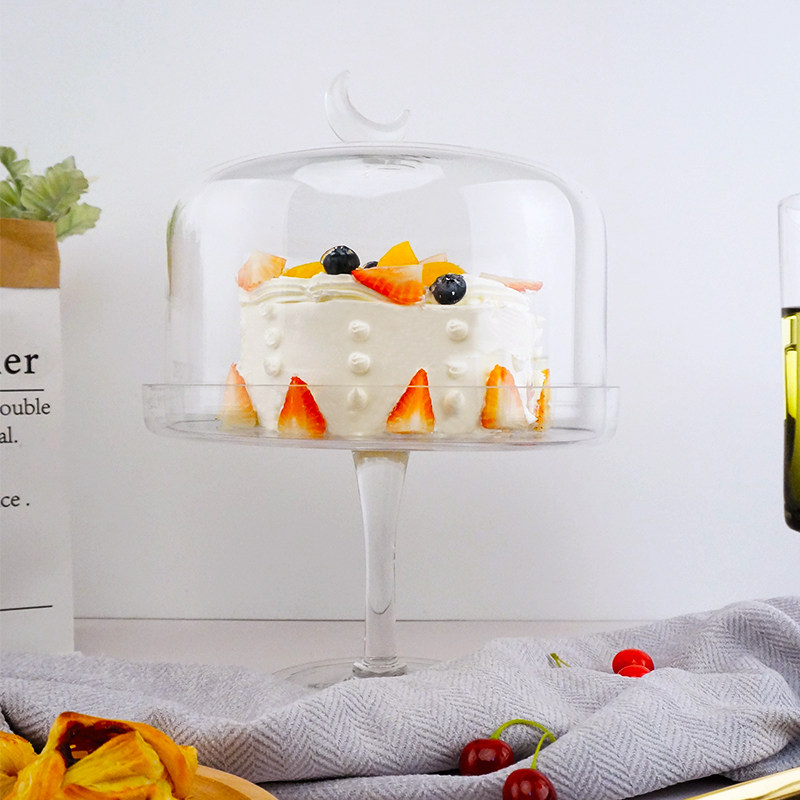 新款 欧式 透明玻璃点心盘 法式糕点盘 创意甜品蛋糕罩 大号高脚