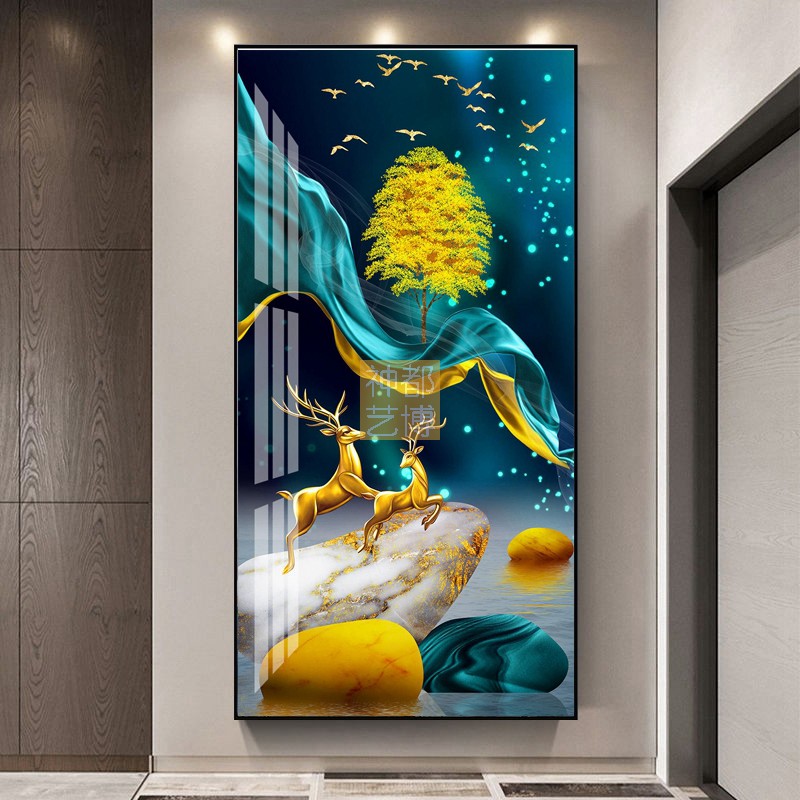现代LED灯画入户玄关装饰画进门正对墙壁画客厅招财挂画轻奢晶瓷图片