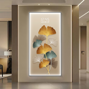 银杏叶玄关装饰画电子屏钟表led灯画入户正对门走廊挂画时钟壁画