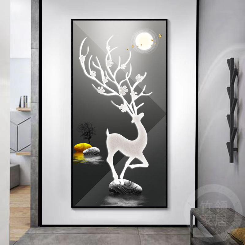玄关走廊过道装饰画麋鹿led灯晶瓷镶钻画进门入户正对墙挂画北欧图片