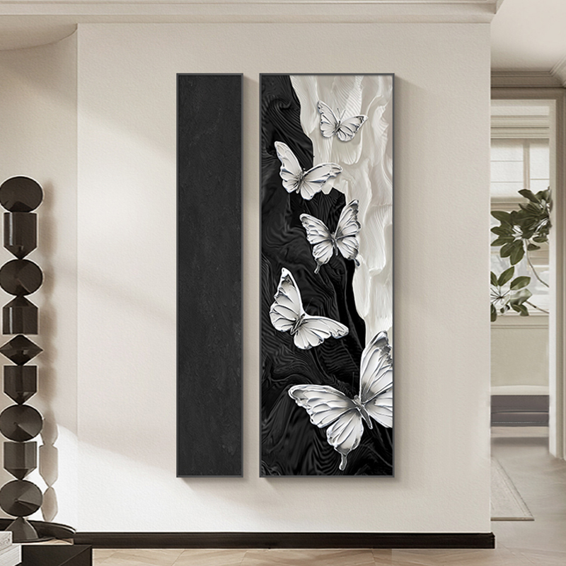 中古风蝴蝶玄关装饰画黑白抽象双联组合挂画高级感大气入户门挂画图片