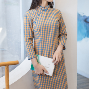 2022春季 女装 新品 棉布格子七分袖 日常旗袍 凤凰记 年轻款 晓君2中式