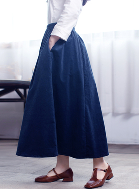 凤凰记| 素舞2022春季原创中式女装黑色蓝色纯色灯芯绒半身长裙