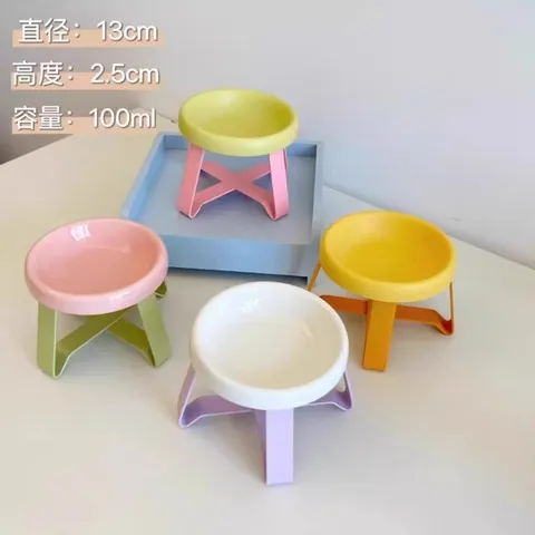 猫碗陶瓷碗猫咪碗吃饭喝水碗狗狗下巴pecolo碗架带防黑宠物飞碟PE