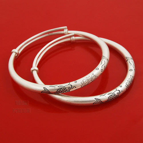 婴儿脚镯实心双鱼莲花推拉扣足银儿童脚环百日礼物刻字包邮