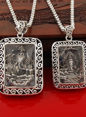 纯银象鼻财神佛牌镶嵌弥勒佛吊坠笑佛项链民族风长毛衣链挂坠银饰