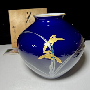 日本回流香兰社霁蓝釉兰花纹描金大肚花瓶 有轻微划痕看细图