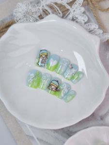 贝儿安妮手工穿戴甲小清新蓝色绿色molly可爱短甲 泡泡玛特茉莉