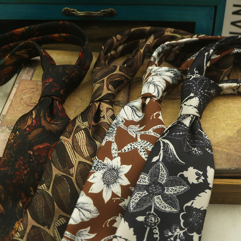 复古印花系列 大花纹个性领带9CM港风文艺休闲百搭灰白手打正装