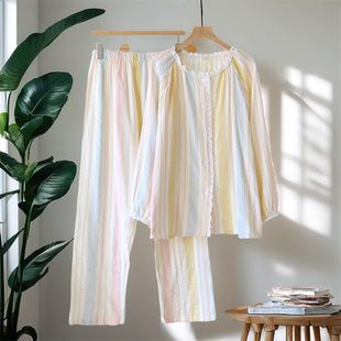 条纹家居服套装 全棉纱长袖 纯棉双层绉纱薄款 春秋冬季 外出 睡衣女款