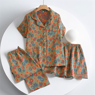 睡衣女长裤 家居服套装 春夏季 纯棉短裤 薄款 三件套色织提花棉纱短袖