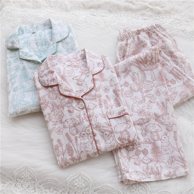 田园兔双层棉纱布长袖睡衣女春秋季全棉纯棉开衫薄款家居服套装棉