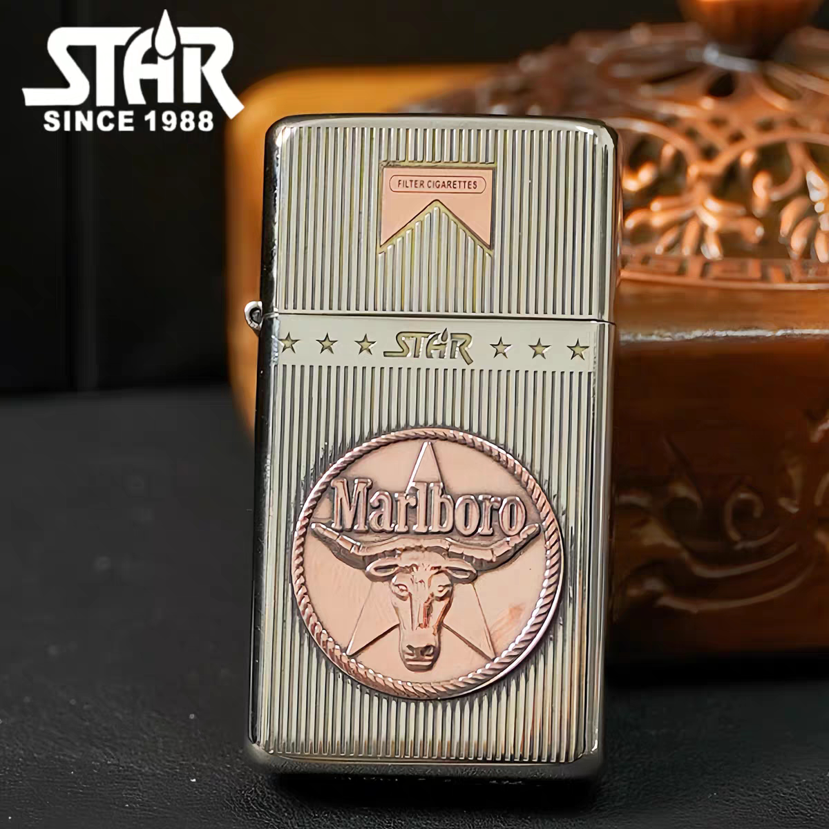STAR恒星909白镍镶嵌紫铜牛头万宝路煤油打火机白镍煤油机