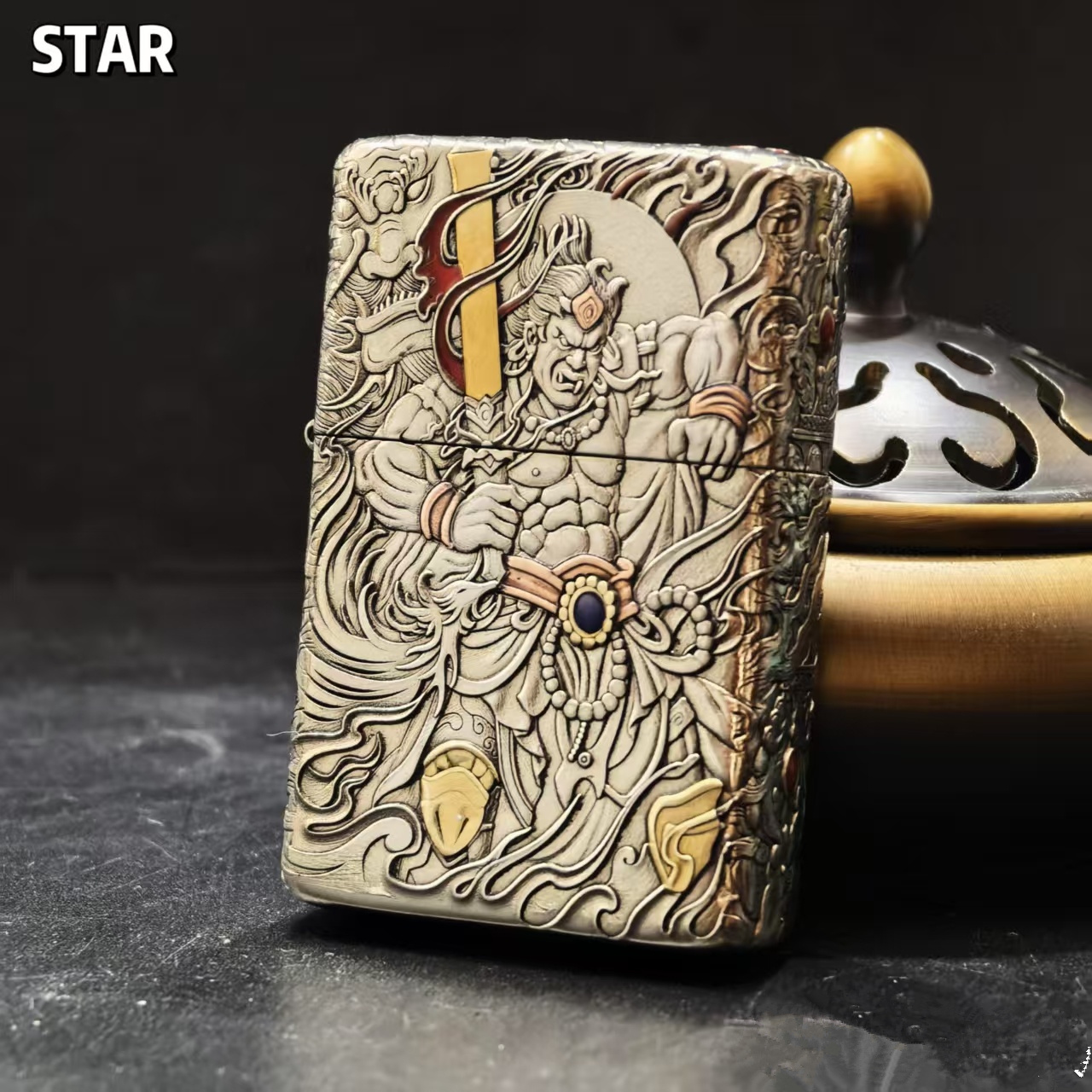 STAR恒星905s白铜大浮雕镶嵌不动明王煤油打火机白铜煤油机送男友