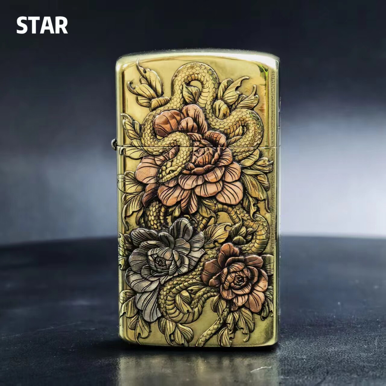 STAR恒星909黄铜精雕镶嵌花蛇煤油打火机窄机煤油机送男友精美