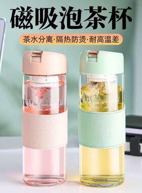 2025新款磁吸水杯磁弹泡茶杯茶水分离茶弹杯高硼硅玻璃防烫保温杯