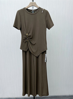 乂●2025夏季新品 休闲简约套装女短袖T恤上衣阔腿长裤两件套0962