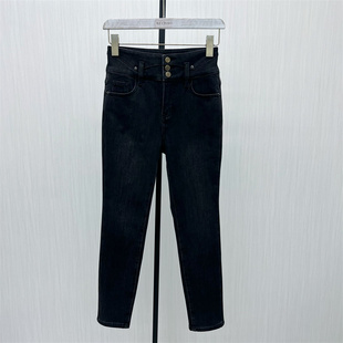 良月●2025冬季新品 加绒牛仔长裤女高腰显瘦修身直筒铅笔裤0234