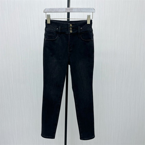 良月●2025冬季新品 加绒牛仔长裤女高腰显瘦修身直筒铅笔裤0234