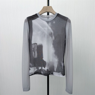 恩●2026春季新品 网纱打底衫女轻薄内搭修身显瘦长袖t恤上衣628