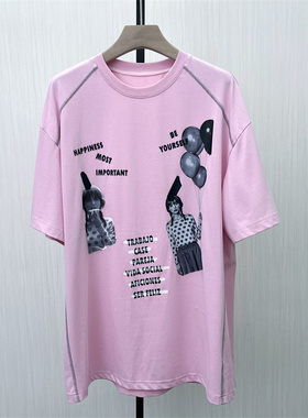 fei●2025夏季新品 印花短袖T恤女宽松休闲百搭中性慵懒上衣6076