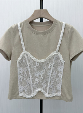fei●2026夏季新品 短袖T恤女设计感小众蕾丝拼接显瘦上衣6111