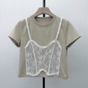 fei●2026夏季新品 短袖T恤女设计感小众蕾丝拼接显瘦上衣6111