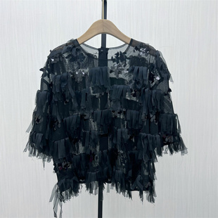 短袖 艾 镂空网纱上衣女宽松休闲百搭打底衫 新品 T恤561 2025秋季