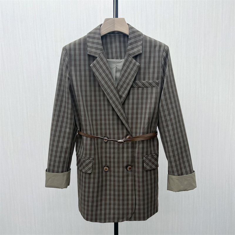 恩●2025秋季新品 格纹西装外套女复古气质通勤宽松显瘦大衣677