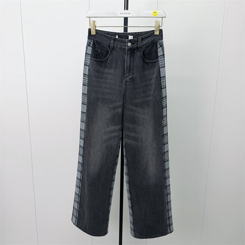 S●2026冬季新品 复古格纹拼接阔腿牛仔裤女宽松显瘦休闲长裤186