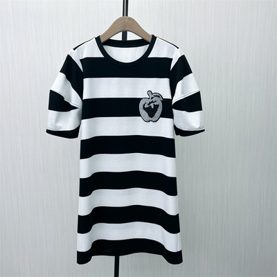 香●2025夏季新品 短袖连衣裙女宽松休闲简约百搭条纹T恤裙子1313