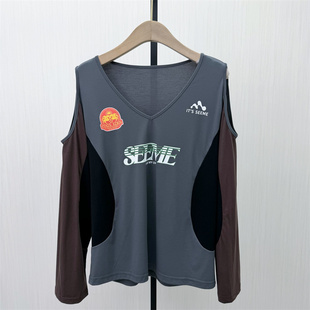 长袖 新品 印花露肩T恤女宽松休闲百搭慵懒风上衣812 2026夏季