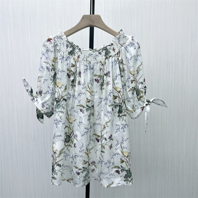 良月●2025夏季新 一字领碎花衬衫女气质小清新别致短袖上衣6219