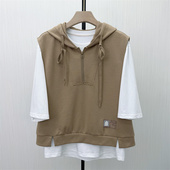 2026春季 新品 宽松短袖 T恤女时尚 休闲连帽背心两件套上衣7222